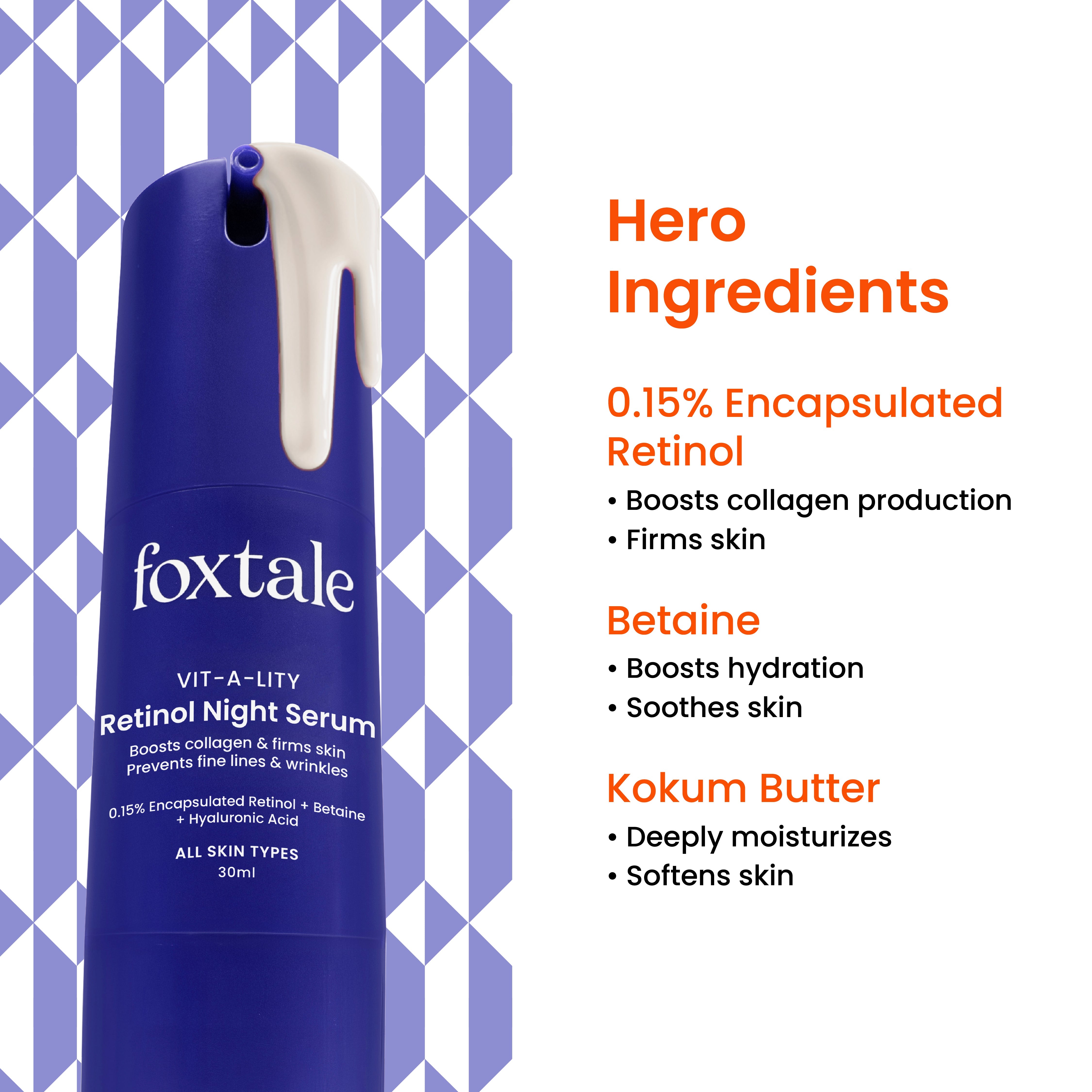 Foxtale 0.15% Retinol Night Serum Treats fine lines and wrinkles 2x faster than regular retinol | 30 ml - Image 3 - Buy from Indicrest