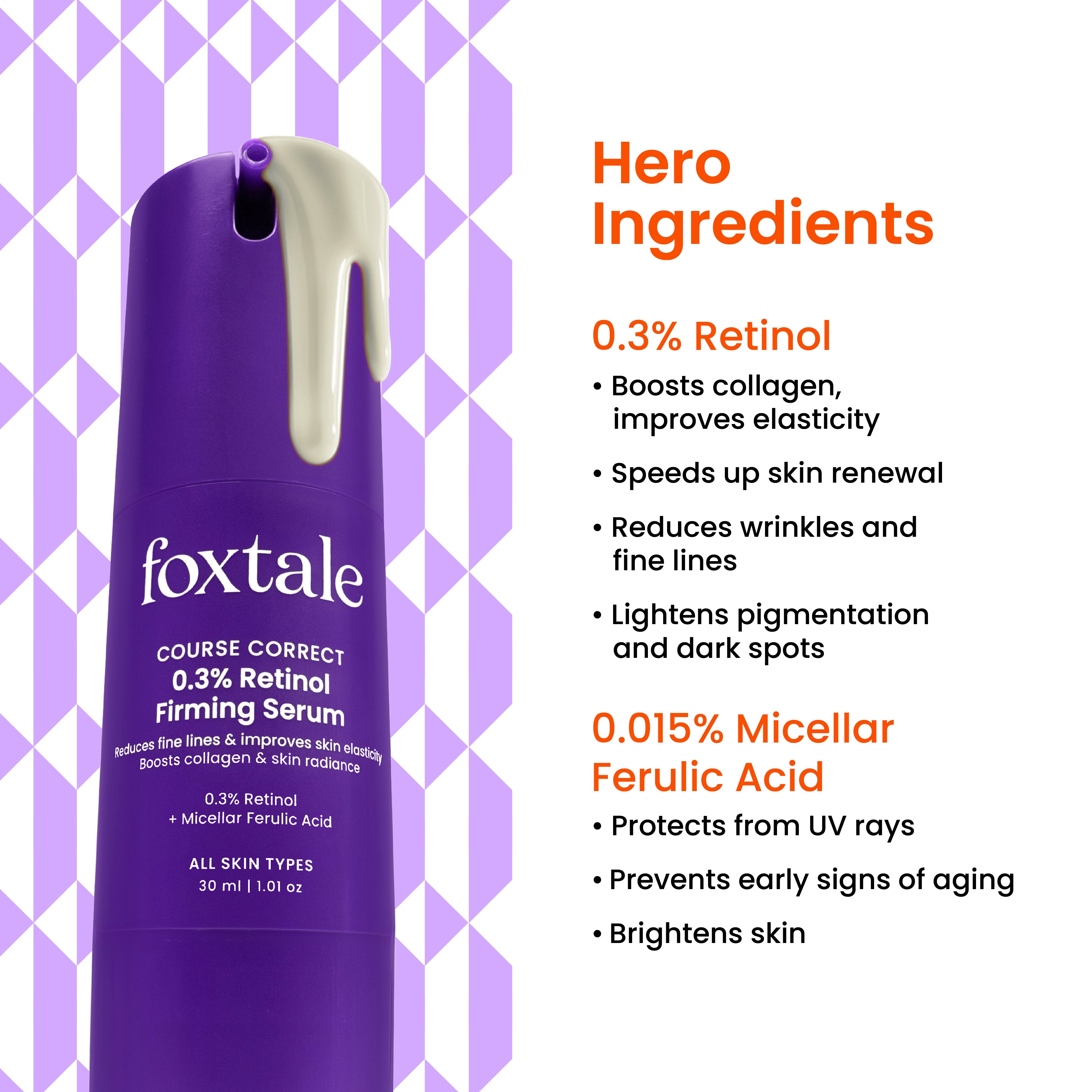 Foxtale 0.3% Retinol + Ferulic Acid Serum Prevent 8 signs of aging with 0.3% Retinol + Ferulic Acid Serum | 30 ml - Image 3 - Buy from Indicrest