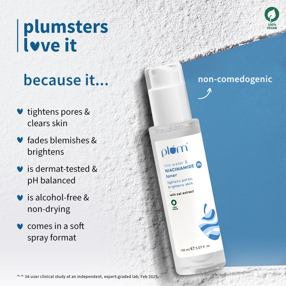 Plum 3% Niacinamide & Rice Water Toner for Bright Skin | Reduces Pores In 3 Days | Alcohol-Free | Dermat-Tested, 150ml