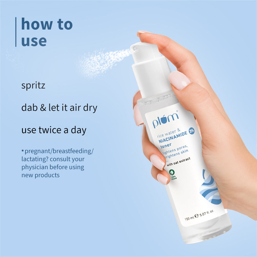 Plum 3% Niacinamide & Rice Water Toner for Bright Skin | Reduces Pores In 3 Days | Alcohol-Free | Dermat-Tested, 150ml