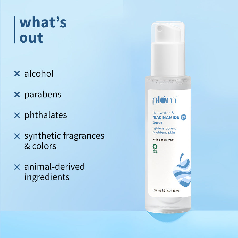 Plum 3% Niacinamide & Rice Water Toner for Bright Skin | Reduces Pores In 3 Days | Alcohol-Free | Dermat-Tested, 150ml