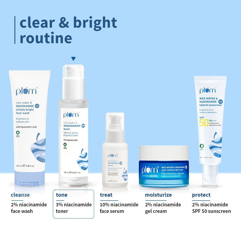 Plum 3% Niacinamide & Rice Water Toner for Bright Skin | Reduces Pores In 3 Days | Alcohol-Free | Dermat-Tested, 150ml