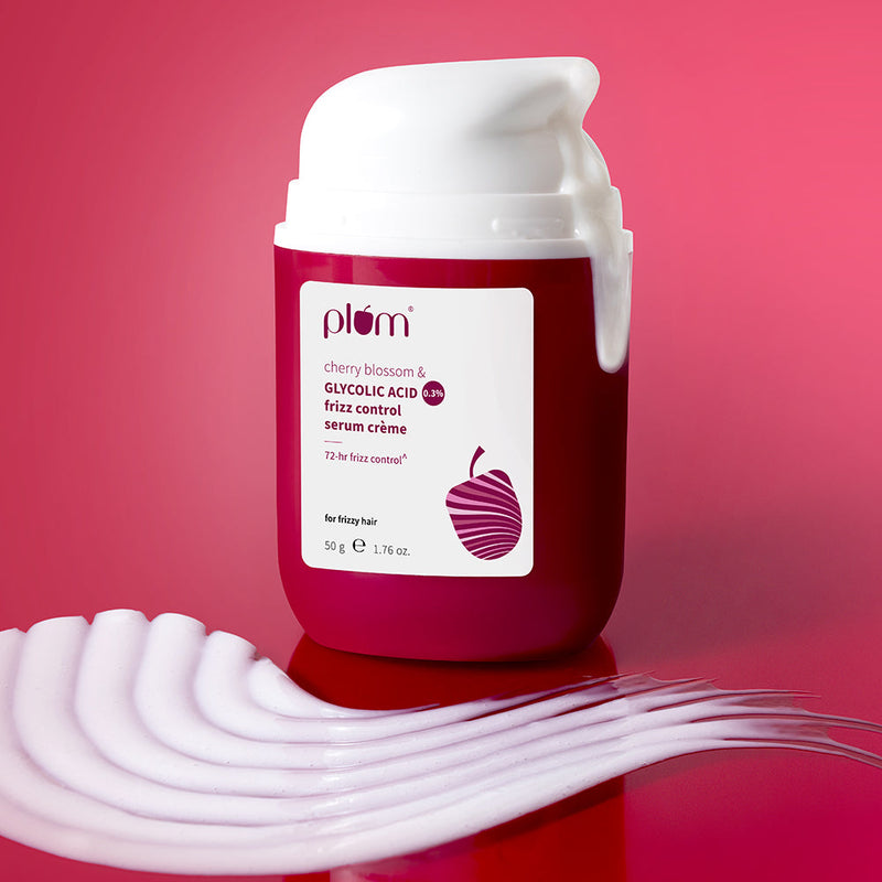 Plum 0.3% Glycolic Acid & Cherry Blossom Frizz Control Serum Creme | 72-Hr Humidity-Proof Frizz Control, 50g Buy at Indicrest