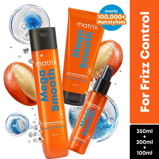 Matrix Mega Smooth Shampoo, 350ml, Conditioner, 200ml & Serum, 100ml Combo, Defy Frizz For 4 Days, For All Hair Types Buy at Indicrest