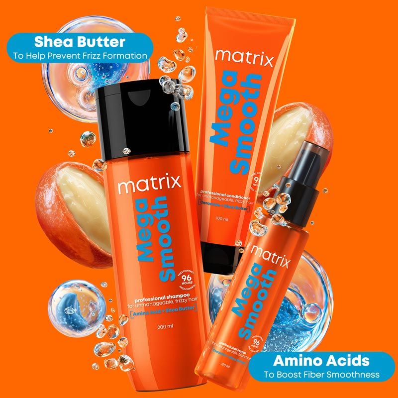 Matrix Mega Smooth Shampoo, 350ml, Conditioner, 200ml & Serum, 100ml Combo, Defy Frizz For 4 Days, For All Hair Types Buy at Indicrest Image 7