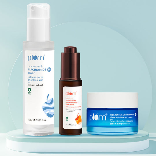 Plum Pore-fect Glow Combo with Niacinamide Toner, 10% vitamin C Serum & Niacinamide Gel Cream | Tightens Pores | Boosts Glow | Strengthens Barrier |Brightens & Hydrates Buy at Indicrest