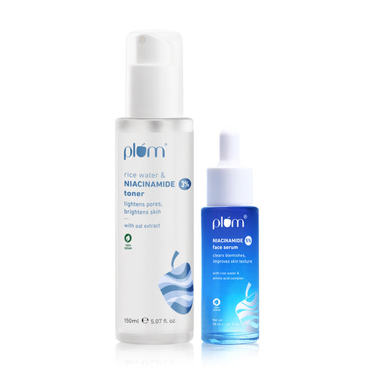 Plum Plum Brightening Duos Combo | 5% Niacinamide Serum + 3% Niacinamide Toner | Brightens Skin | Clears Blemishes Buy at Indicrest