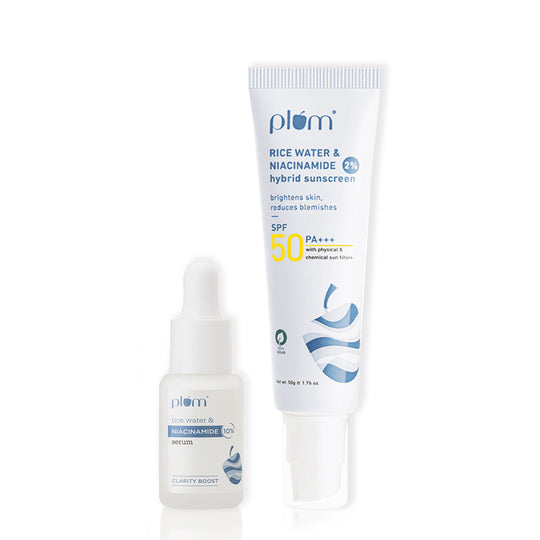 Plum Niacinamide Bright Protection duo | 10% Niacinamide & Rice Water Face Serum 15ml, 2% Niacinamide & Rice Water SPF 50 PA+++ Sunscreen 50g new broad spectrum UVA/UVB Protection | Brightens | Fades Blemishes | Smoothens Skin Texture Buy at Indicrest