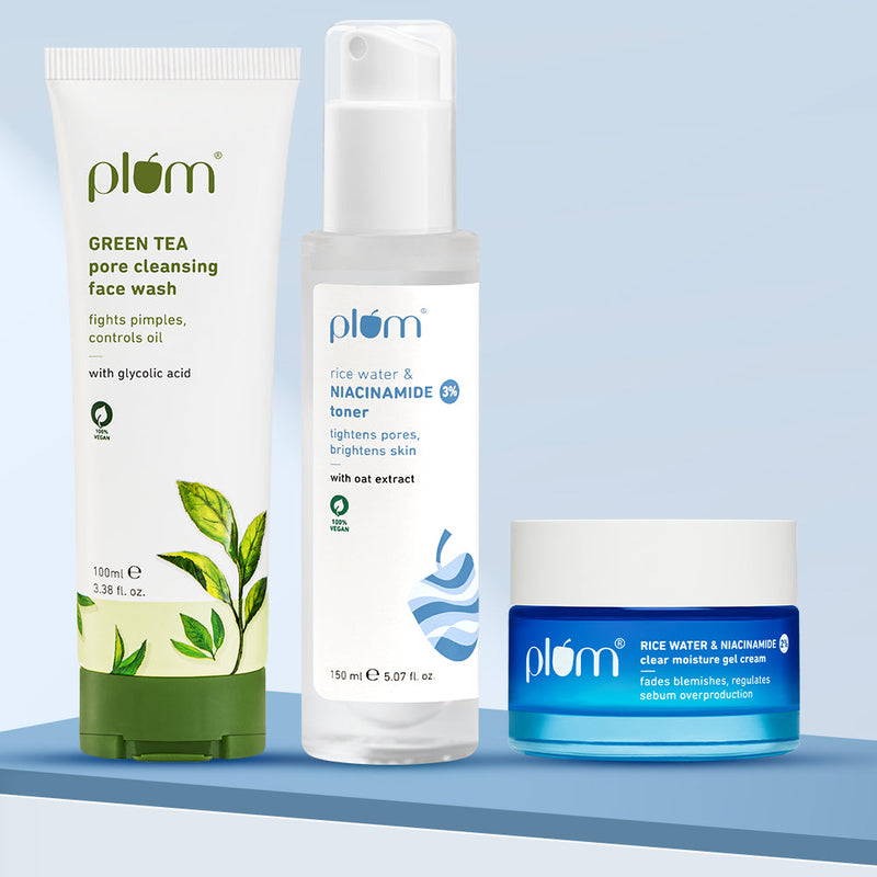 Plum Pore-fectly Bright Combo for Oily, Acne-prone skin with Green Tea Face Wash, Niacinamide Toner & Niacinamide Gel Cream | For Oily, Acne-Prone Skin | Tightens Pores | Brightens Skin | Hydrates Buy at Indicrest