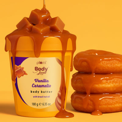 Plum Vanilla Caramello Body Butter by Plum BodyLovin' | Deep Moisturization | Shea Butter & Brazil Nut Oil | Vanilla & Salted Caramel | Non-Greasy & Lightweight, 180g