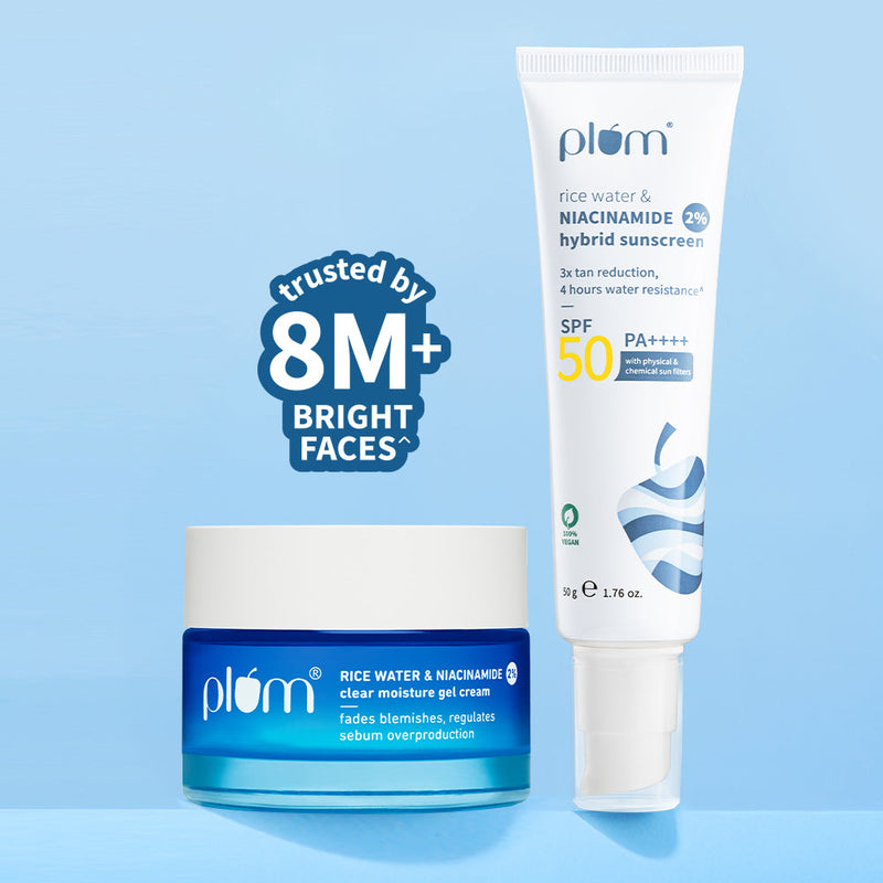 Plum Niacinamide & Rice Water Moisturize & Protect Combo | Brightens Skin | Fades Blemishes | Smoothens Texture | SPF50 PA++++ Buy at Indicrest