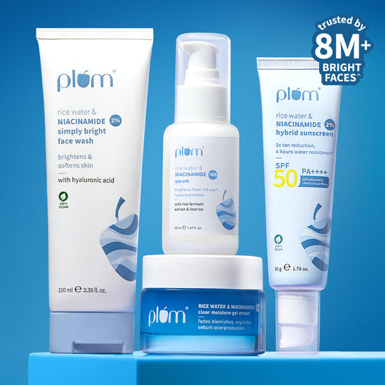 Plum Niacinamide & Rice Water Brightening CSMS Combo | Brightens Skin | Fades Blemishes | Smoothens Skin | SPF50 PA++++ Buy at Indicrest
