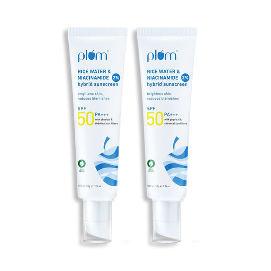 Plum 2% Niacinamide & Rice Water SPF 50 PA++++ Brightening Sunscreen Duo | 3X Tan Reduction | 4-Hr Water Resistant | Dermat-Tested | No White Cast, 50g x 2 Buy at Indicrest