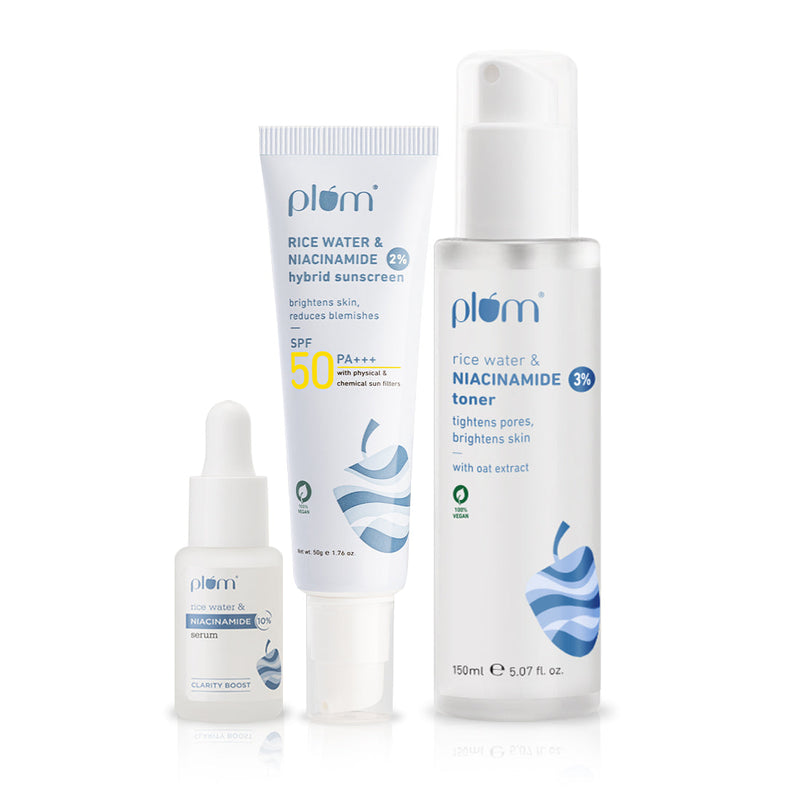 Plum Niacinamide Bright Skin Trio | With Toner, Serum & SPF 50 Sunscreen for Bright Skin new | Fades Blemishes & Smoothens Buy at Indicrest