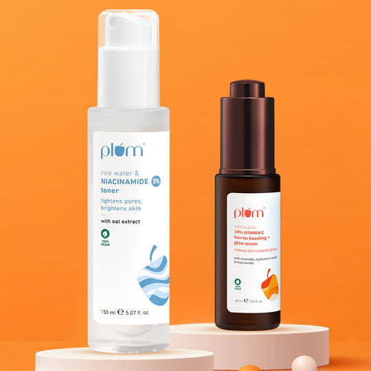 Plum Tone & Treat Glow Bright Combo with 3% Niacinamide Toner & 10% Vitamin C Serum | Tightens Pores | Brightens Skin | Boosts Barrier | Enhances Glow Buy at Indicrest