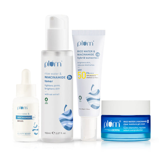 Plum Niacinamide Clear & Bright Skin Combo | With Niacinamide & Rice Water | Toner, Serum, Gel Moisturizer & SPF 50 PA+++ Sunscreen | Brightens Skin | Fades Blemishes | Smoothens Skin Texture | For All Skin Types Buy at Indicrest