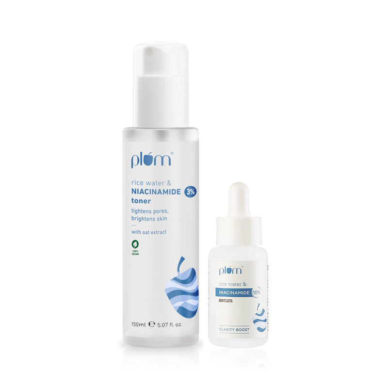 Plum Niacinamide with Rice Water Acne Busting Duo - Face Serum (30ml) & Toner | Refines & Tightens Pores Buy at Indicrest