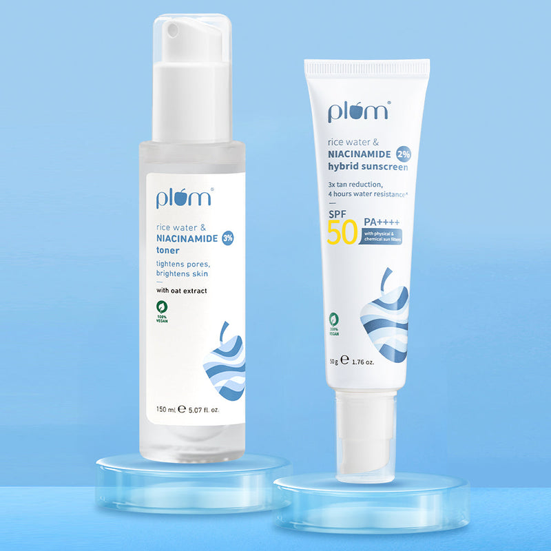Plum Niacinamide & Rice Water Tone & Protect Combo | Brightens Skin | Fades Blemishes | Tightens Pores | SPF50 PA++++ Buy at Indicrest