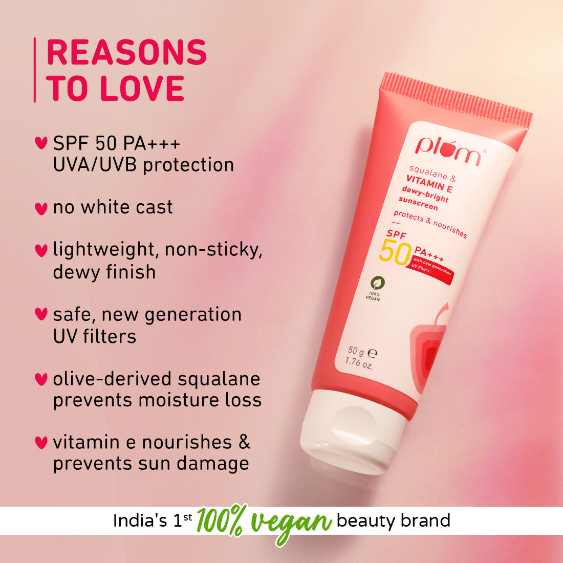 Plum Squalane & Vitamin E SPF 50 PA+++ Dewy-Bright Sunscreen | Safe, New Gen UV Filters | No White Cast, 50g