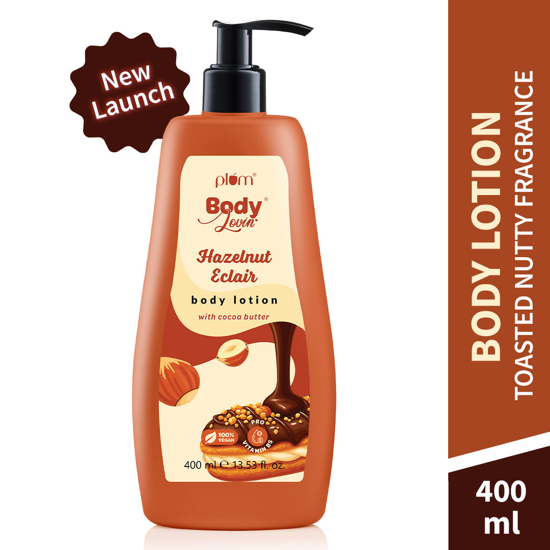 Plum Hazelnut Eclair Body Lotion by Plum BodyLovin' | Deep Moisturization | Cocoa Butter & Vitamin B5 | Decadent Hazelnut Chocolate Fragrance | Non-Greasy & Lightweight, 400ml