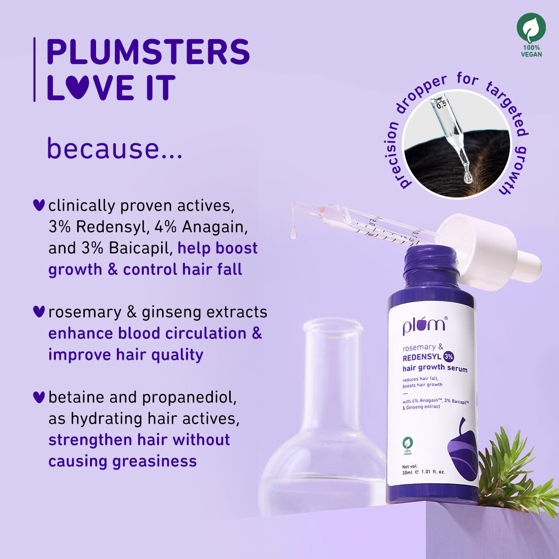 Plum Rosemary & 3% Redensyl Hair Growth serum | Reduces Hairfall | Boosts Hair Growth | Improves Hair Density, 30ml