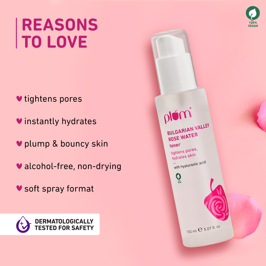 Plum Bulgarian Valley Rose Water Toner for tighter pores | Alcohol-Free Toner | Instantly Hydrates | Soothes & Calms Skin | Tightens Pores | Dermat-Tested, 150ml