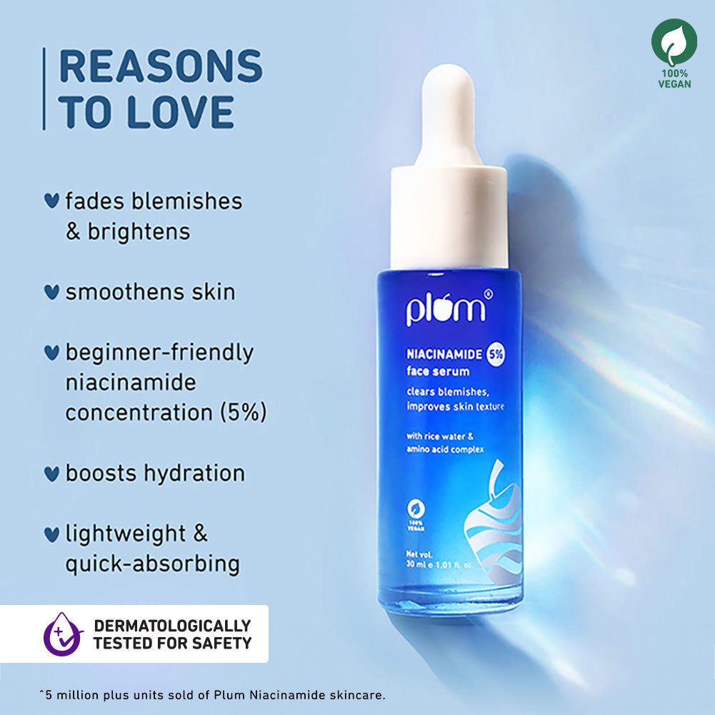 Plum 5% Niacinamide & Rice Water Brightening Face Serum | Brightens Skin | Improves Skin Texture, 30ml