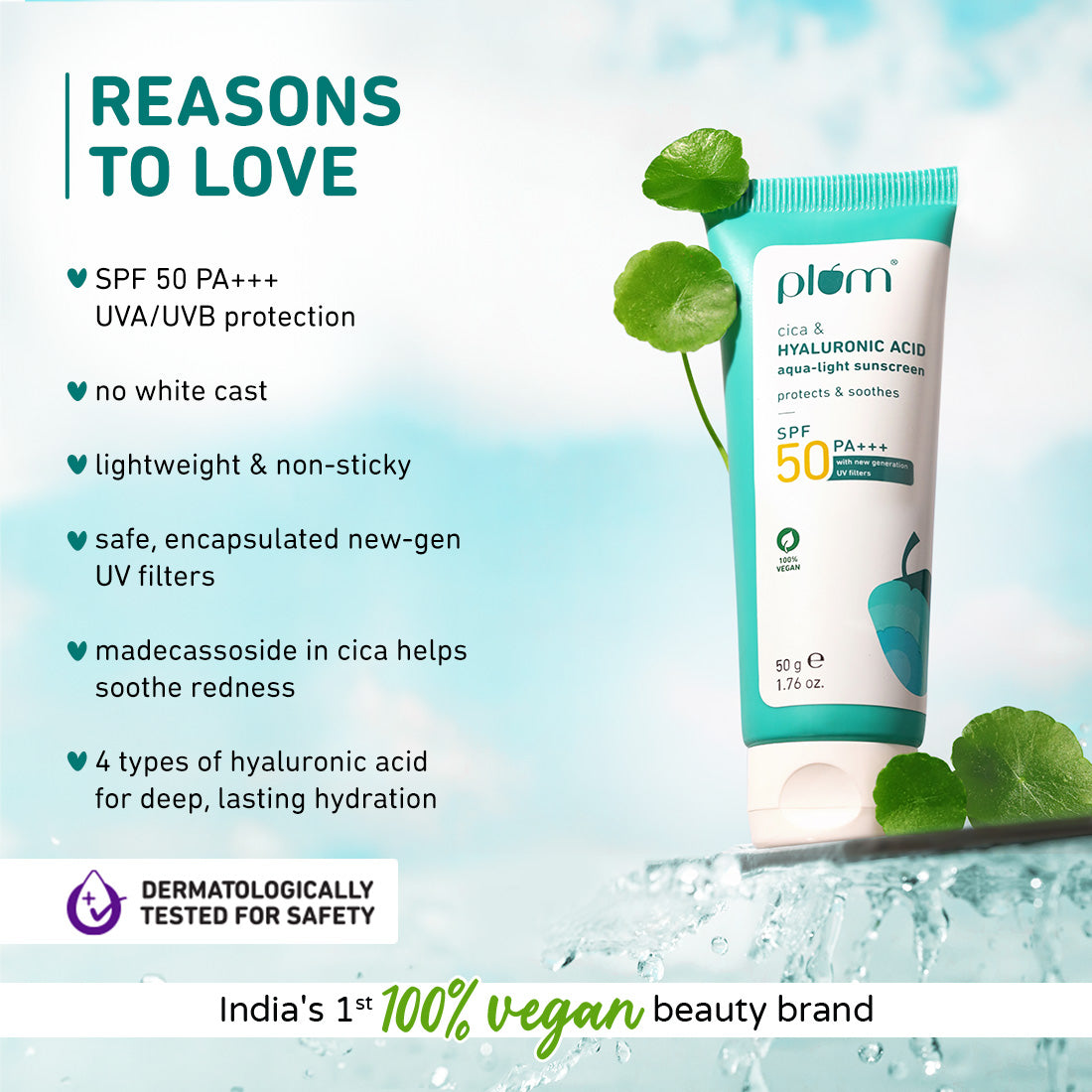 Plum Cica & Hyaluronic Acid SPF 50 Sunscreen | Safe, New Gen UV Filters | Non-Sticky| Non-Oily, 50g x 2