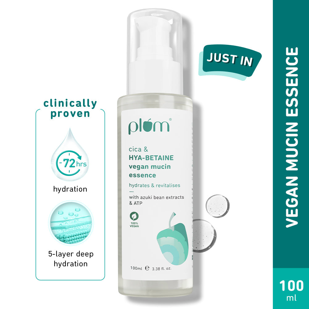 Plum Cica & Hya-Betaine Vegan Mucin Face Essence With Azuki Bean Extracts & ATP | 72 Hr, 5-Layer Deep Hydration | Soothes & Cools | Lightweight, Quick-Absorbing & Non-Sticky, 100ml