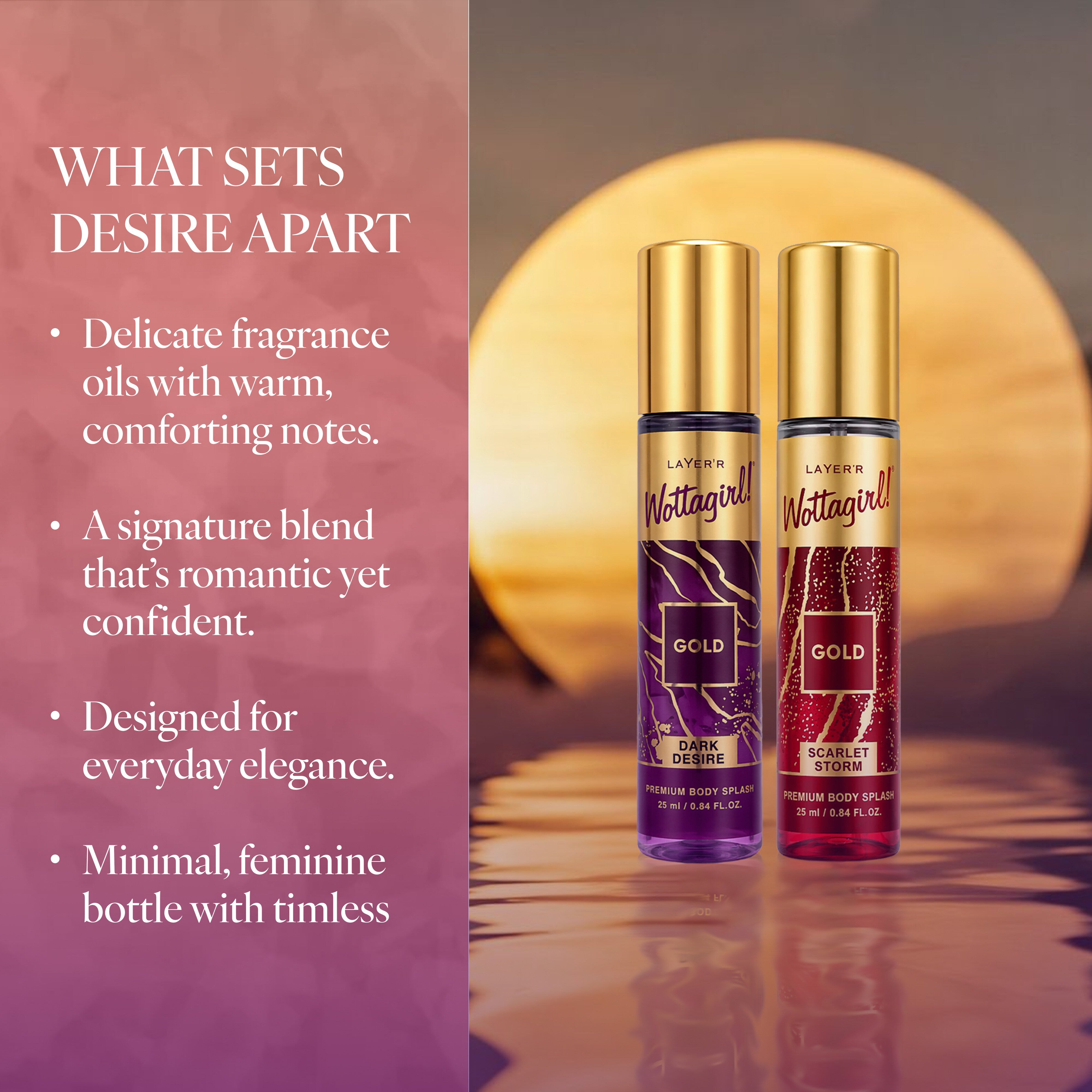 Wottagirl Gold Body Splash Combo (Dark Desire & Scarlet Storm) - 25ml x 2 - Image 6 - Buy from Indicrest