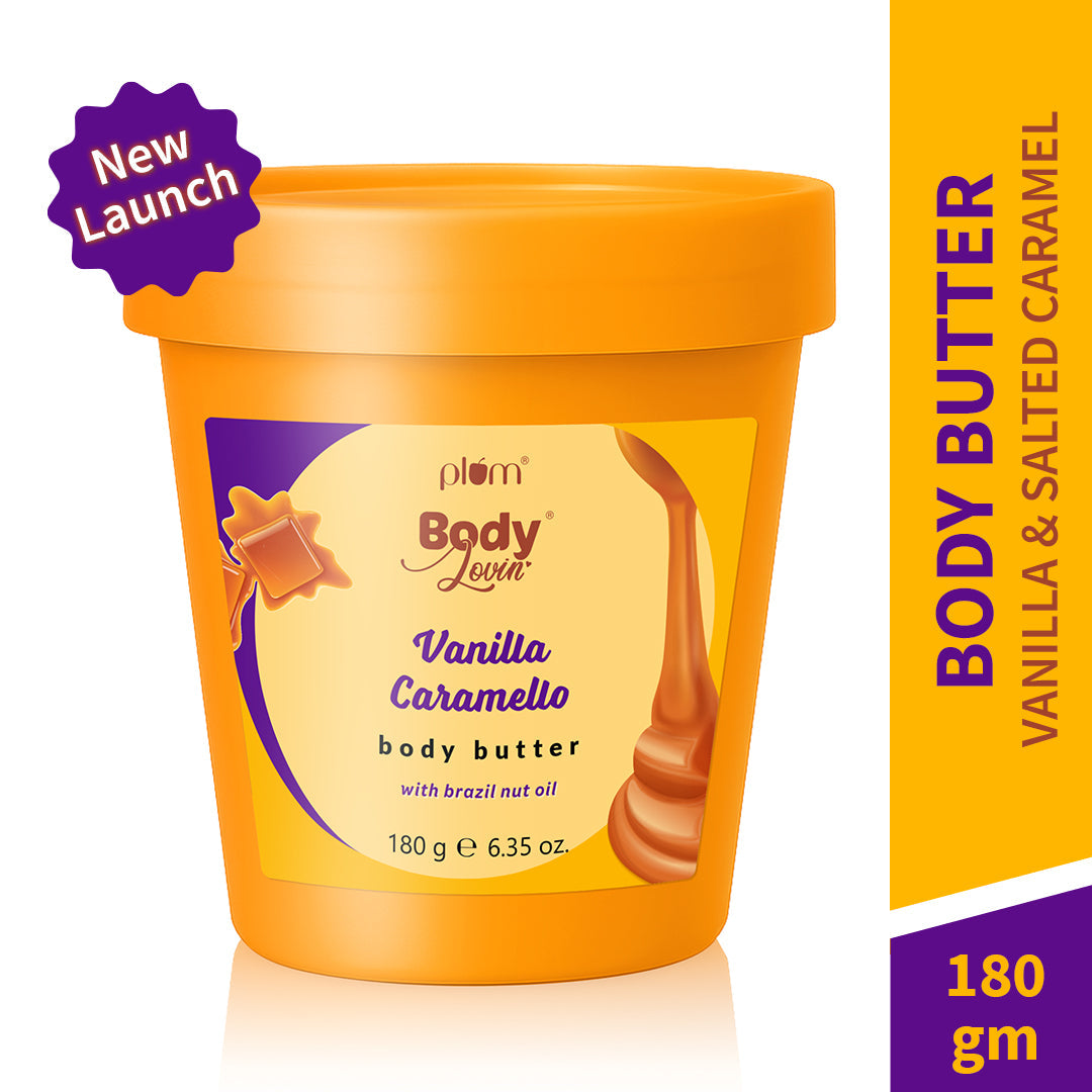 Plum Vanilla Caramello Body Butter by Plum BodyLovin' | Deep Moisturization | Shea Butter & Brazil Nut Oil | Vanilla & Salted Caramel | Non-Greasy & Lightweight, 180g