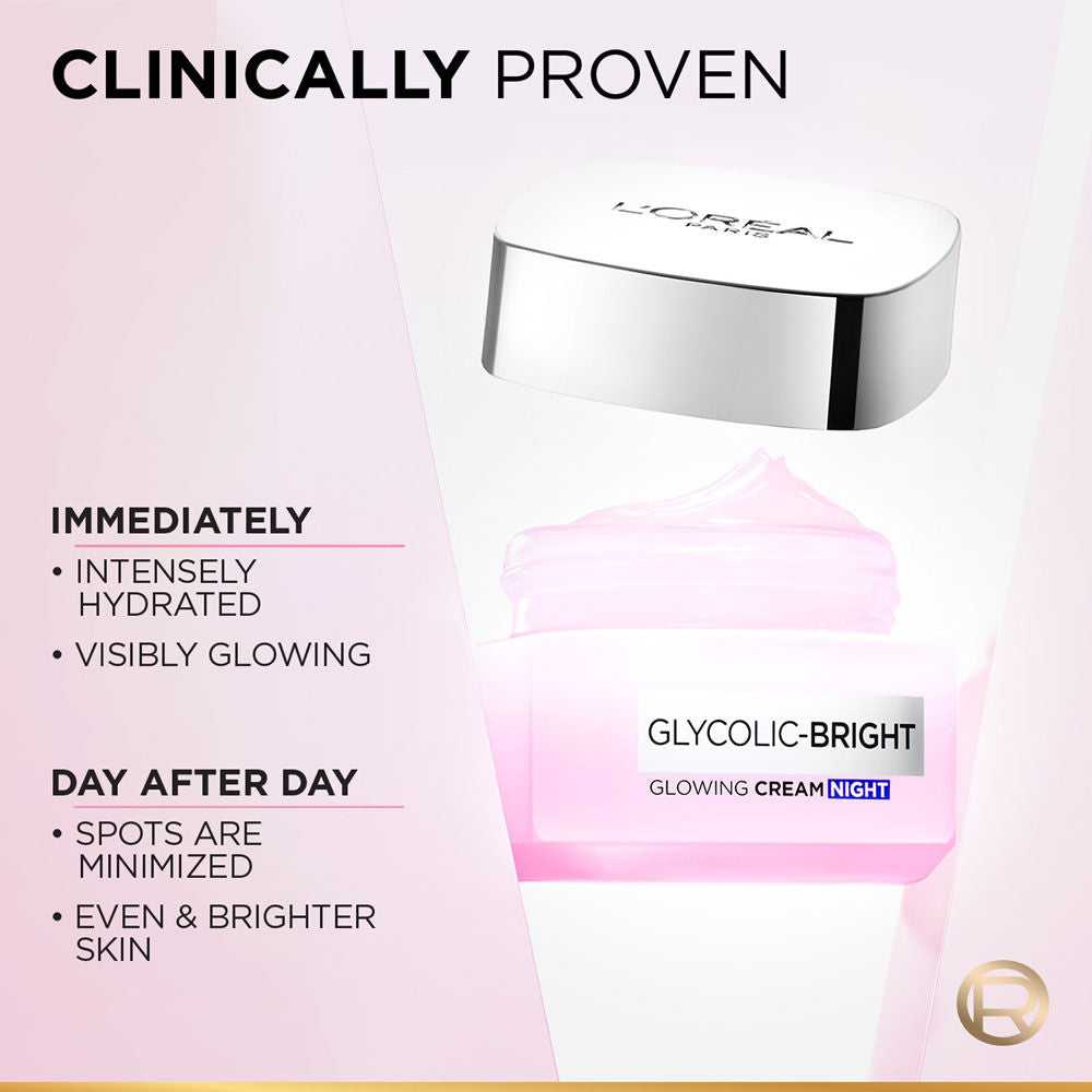 L'Oreal Paris Glycolic Bright Night Cream With Glycolic Acid & Niacinamide Skin Brightening Cream, 50ml Buy at Indicrest Image 5