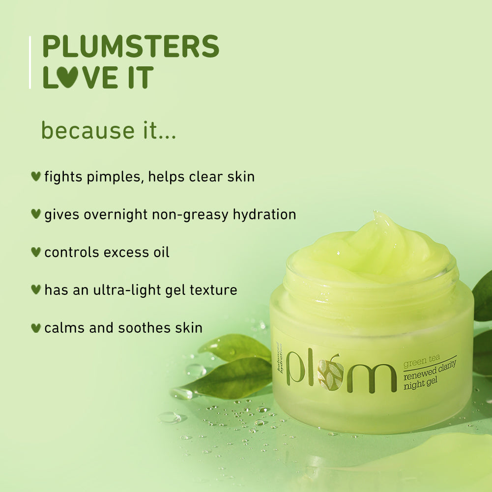 Plum Green Tea Renewed Clarity Night Gel Cream for Oily Skin | Fights Acne| Overnight Hydration |Lightweight & Non-Greasy, 50ml x 2