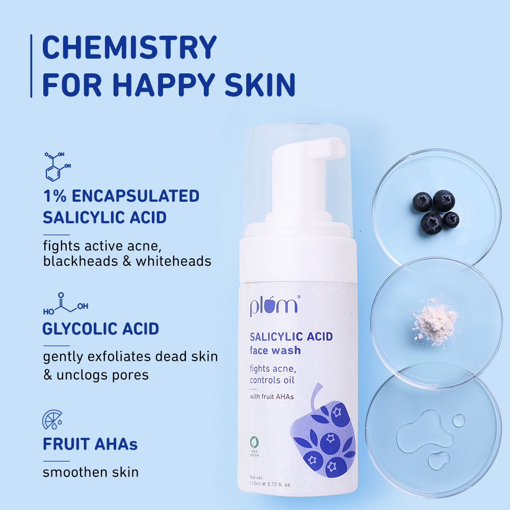 Plum 1% Encapsulated Salicylic Acid Foaming Face Wash for Acne | Fights Acne | Controls Oil | Smoothens Skin, 110ml x 2