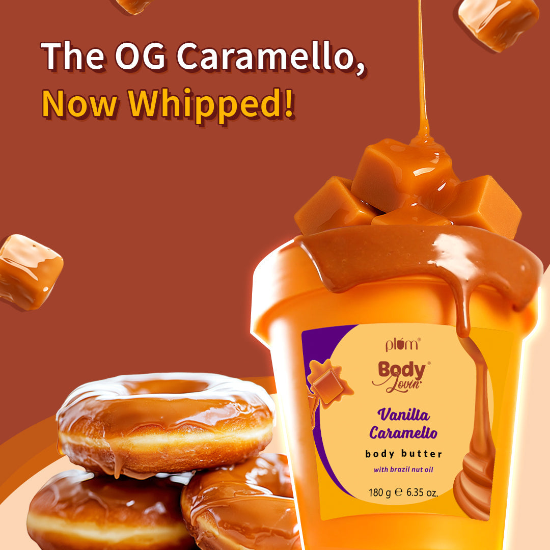 Plum Vanilla Caramello Body Butter by Plum BodyLovin' | Deep Moisturization | Shea Butter & Brazil Nut Oil | Vanilla & Salted Caramel | Non-Greasy & Lightweight, 180g