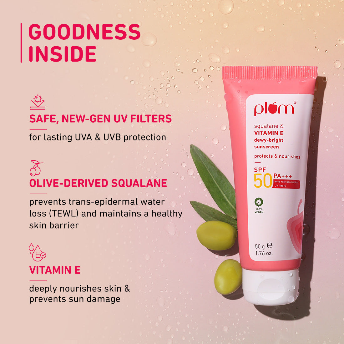 Plum Squalane & Vitamin E SPF 50 PA+++ Dewy-Bright Sunscreen | Safe, New Gen UV Filters | No White Cast, 50g