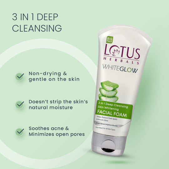 Lotus Herbals WhiteGlow 3 In 1 Deep Cleansing Skin Brightening Facial Foam Big, Pack of 3