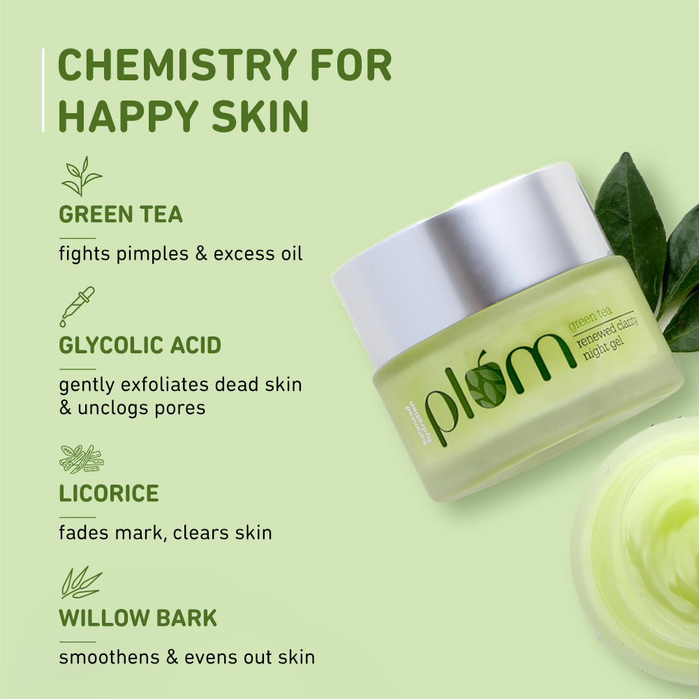 Plum Green Tea Renewed Clarity Night Gel Cream for Oily Skin | Fights Acne| Overnight Hydration |Lightweight & Non-Greasy, 50ml x 2