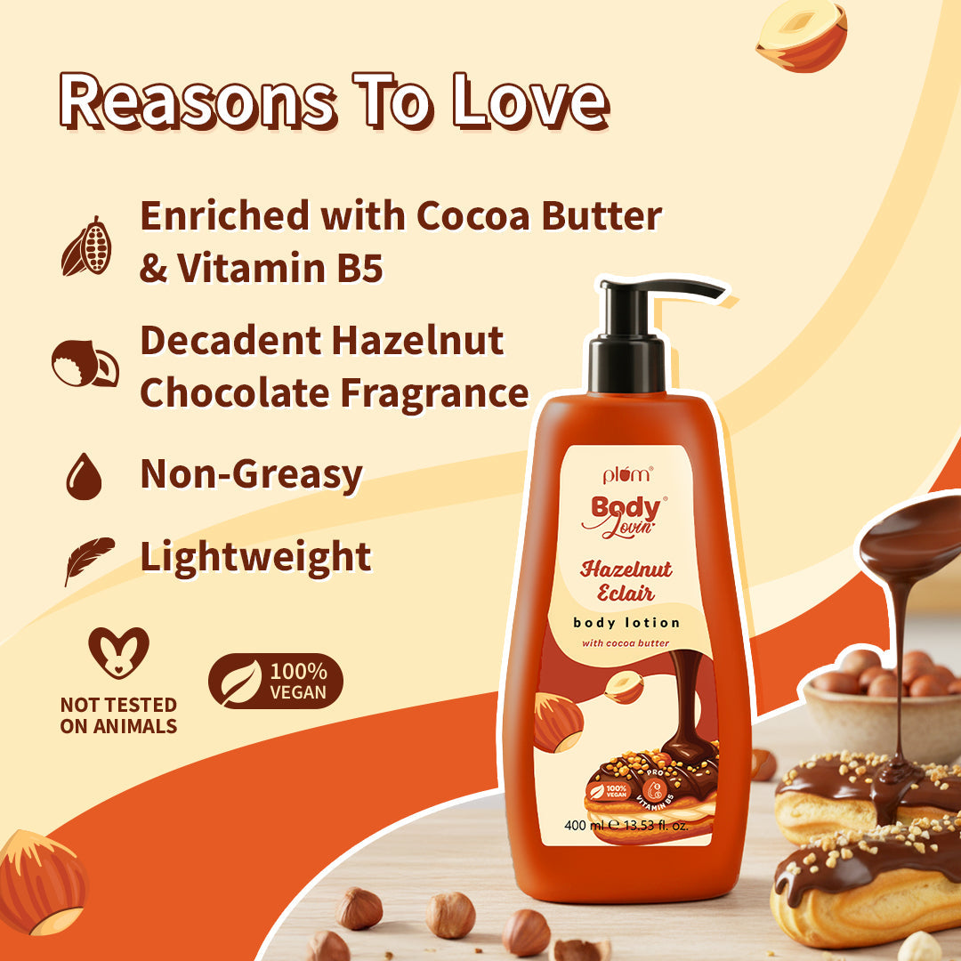 Plum Hazelnut Eclair Body Lotion by Plum BodyLovin' | Deep Moisturization | Cocoa Butter & Vitamin B5 | Decadent Hazelnut Chocolate Fragrance | Non-Greasy & Lightweight, 400ml