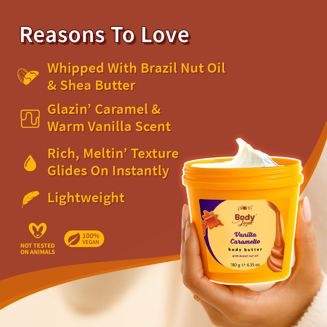 Plum Vanilla Caramello Body Butter by Plum BodyLovin' | Deep Moisturization | Shea Butter & Brazil Nut Oil | Vanilla & Salted Caramel | Non-Greasy & Lightweight, 180g