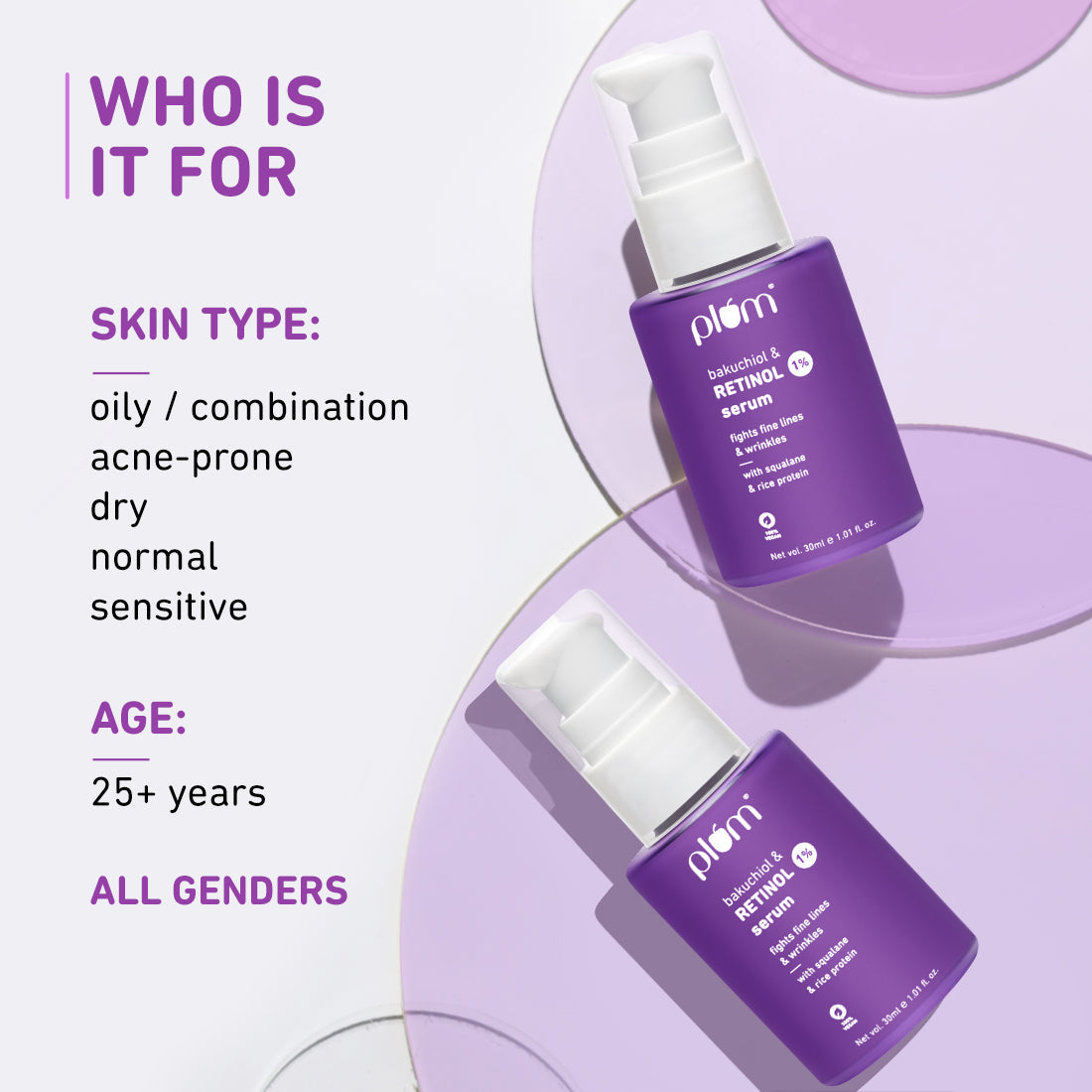 Plum 1% Retinol Serum for Face with Bakuchiol | Reduces Fine Lines & Wrinkles | Boosts Collagen, 30ml