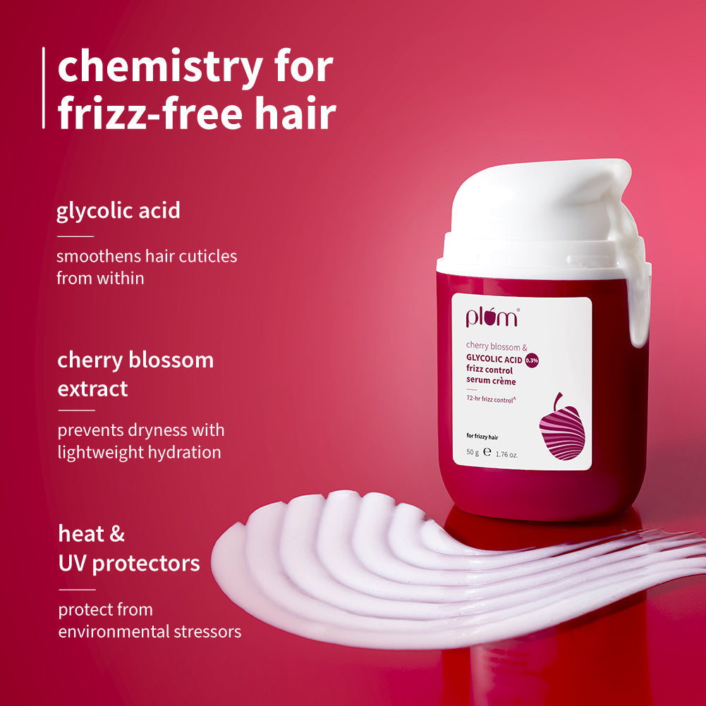 Plum 0.3% Glycolic Acid & Cherry Blossom Frizz Control Serum Creme | 72-Hr Humidity-Proof Frizz Control, 50g
