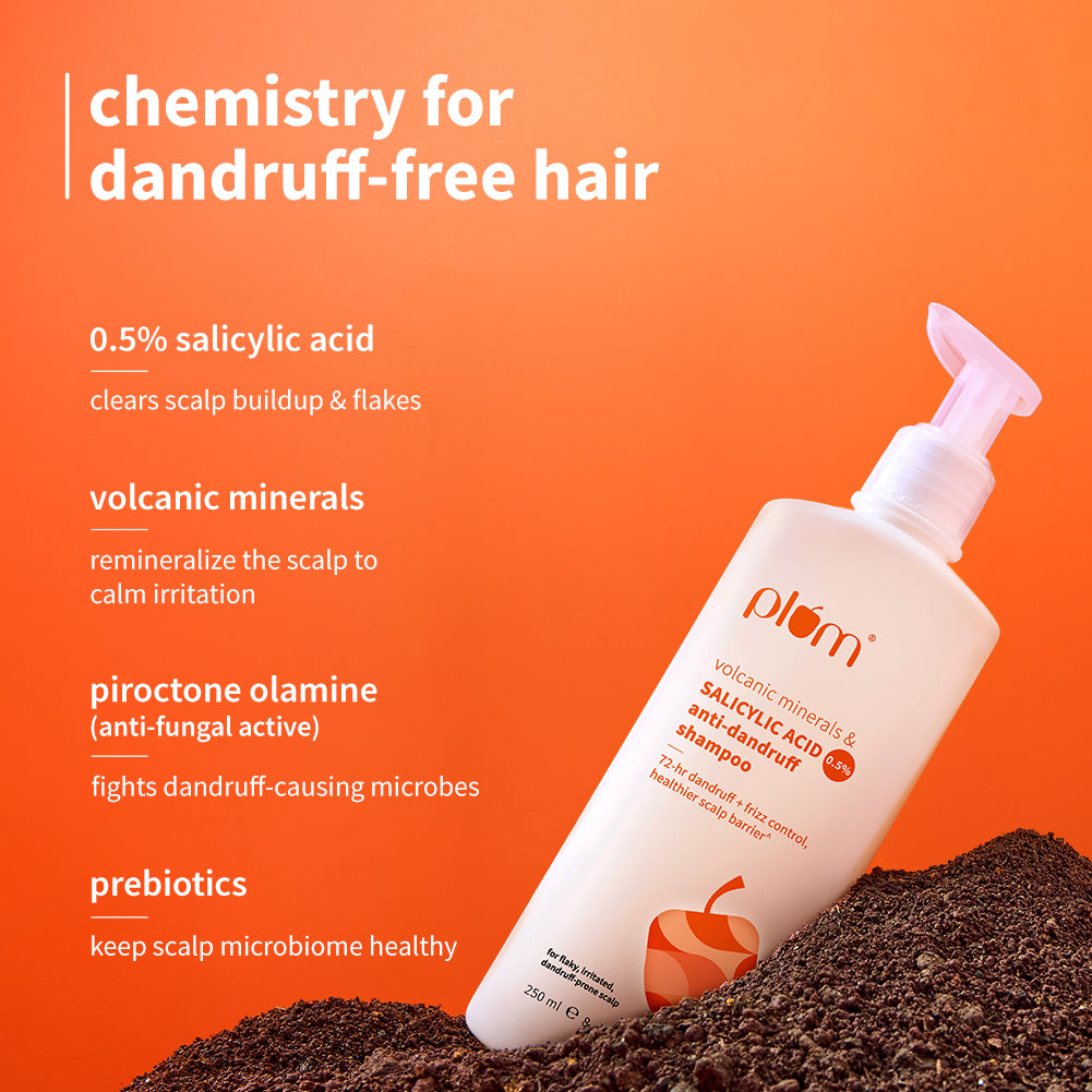 Plum Anti-Dandruff Shampoo with Volcanic Minerals & 0.5% Salicylic Acid | 72-Hr Dandruff & Frizz Control | Prevents Dry Hair, 250ml