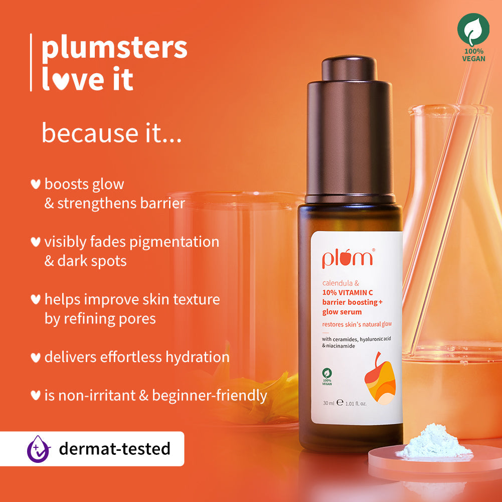 Plum 10% Vitamin C Barrier Boosting + Glow Serum with Calendula | Boosts Glow From 1st Use | Fades Dark Spots In 14 Days | Dermat-Tested, 30ml x 2