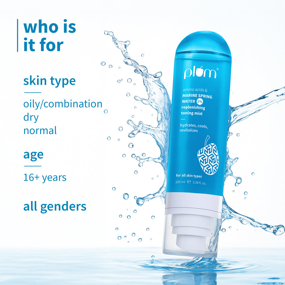 Plum 1% Marine Spring Water Replenishing Toning Mist Spray with Amino Acids | Hydrates, Cools & Revitalizes | With Active Minerals | On-The-Go Soothing Face Mist, 100ml