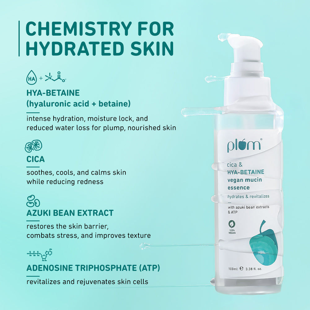Plum Cica & Hya-Betaine Vegan Mucin Face Essence With Azuki Bean Extracts & ATP | 72 Hr, 5-Layer Deep Hydration | Soothes & Cools | Lightweight, Quick-Absorbing & Non-Sticky, 100ml