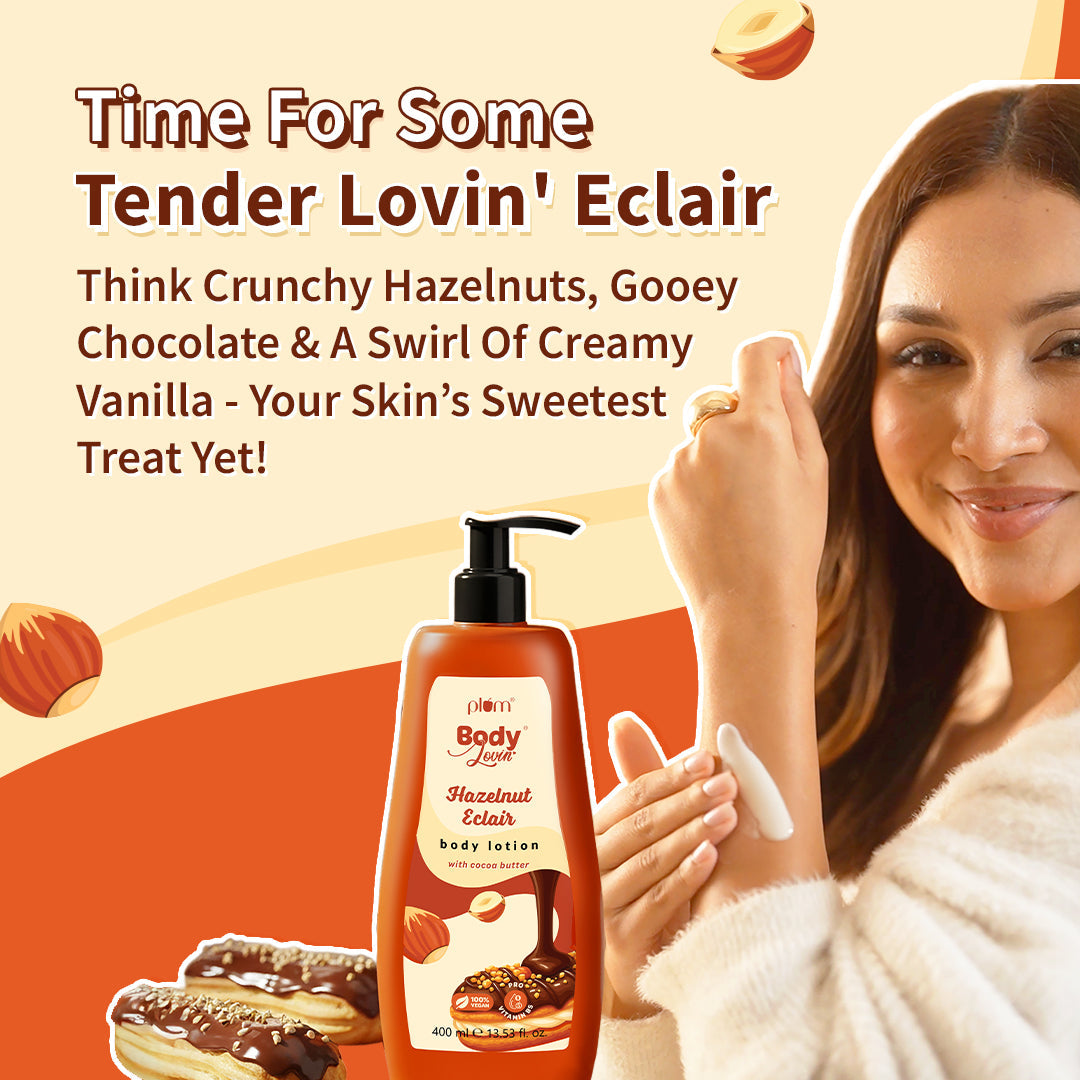 Plum Hazelnut Eclair Body Lotion by Plum BodyLovin' | Deep Moisturization | Cocoa Butter & Vitamin B5 | Decadent Hazelnut Chocolate Fragrance | Non-Greasy & Lightweight, 400ml