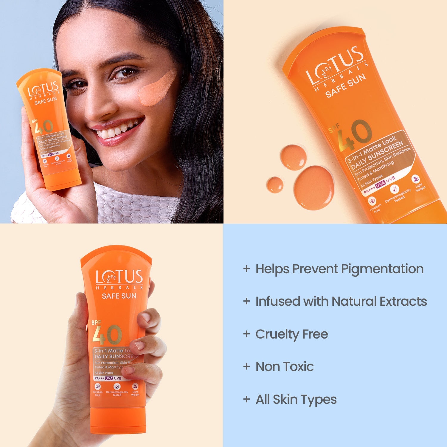 Lotus Herbals Safe Sun 3 In 1 Matte-Look Daily Sunscreen SPF 40 PA+++, 75g