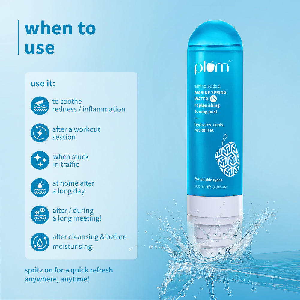 Plum 1% Marine Spring Water Replenishing Toning Mist Spray with Amino Acids | Hydrates, Cools & Revitalizes | With Active Minerals | On-The-Go Soothing Face Mist, 100ml
