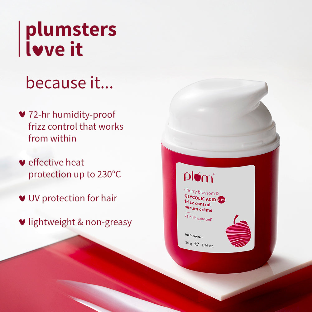 Plum 0.3% Glycolic Acid & Cherry Blossom Frizz Control Serum Creme | 72-Hr Humidity-Proof Frizz Control, 50g